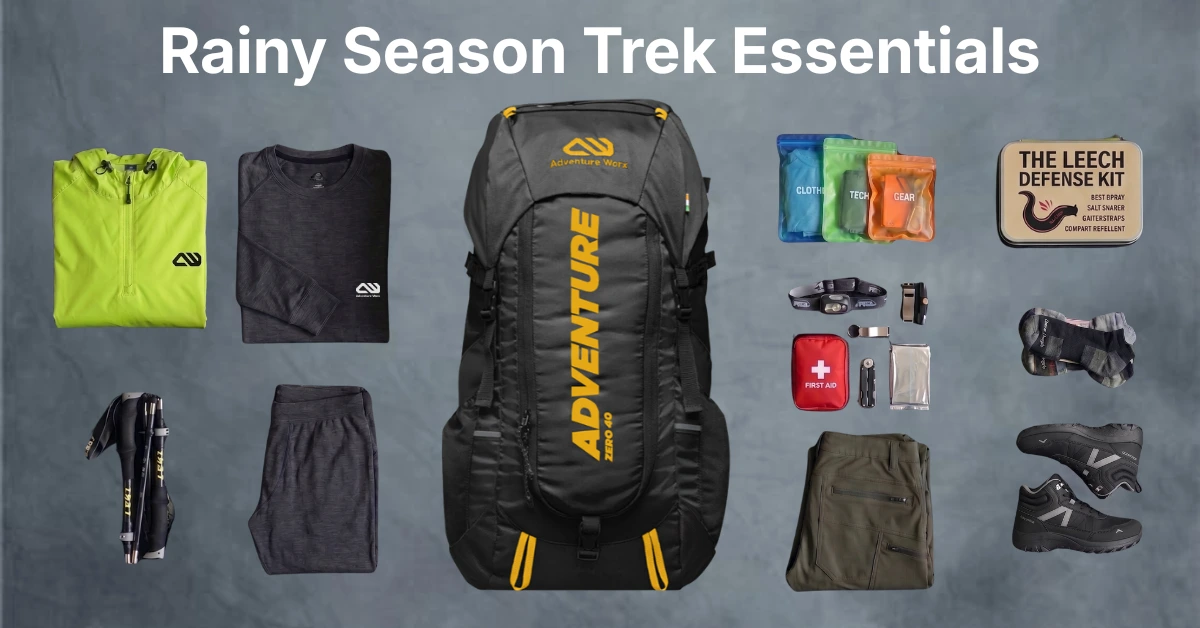 A trekker wearing a blue raincoat and a black backpack stands facing away on wet rocks in a dark forest stream. The text overlay reads: "Rainy Season Trek Essentials: What to Pack for Monsoon Treks in India