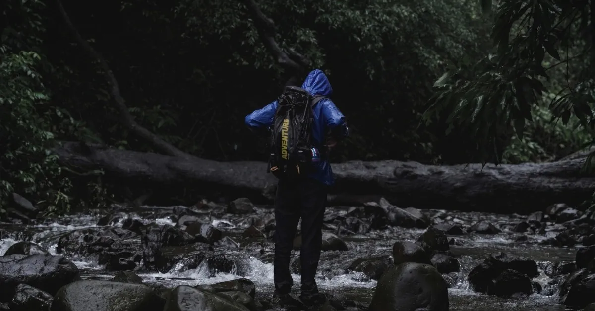 Trekker carrying a trekking backpack through a misty monsoon forest