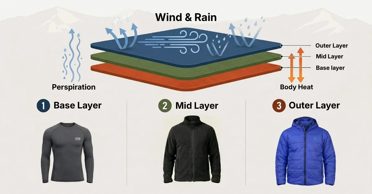 Diagram of a base, mid and outer clothing layering system for cold weather trekking