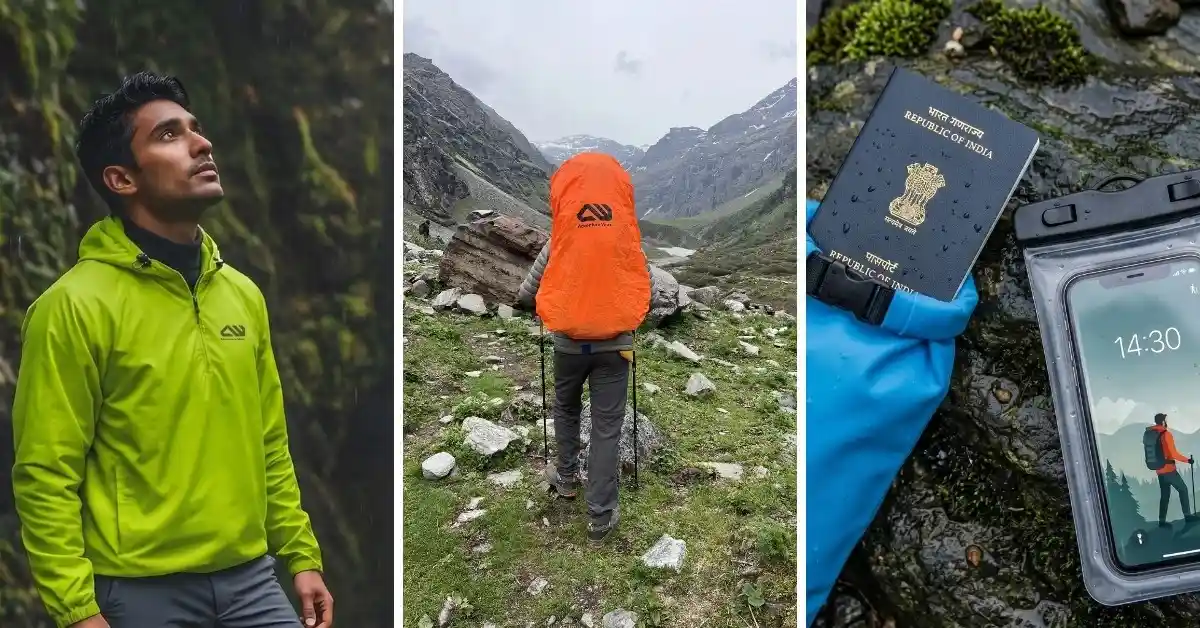 Rain jacket, poncho and waterproof dry pouches for monsoon trekking
