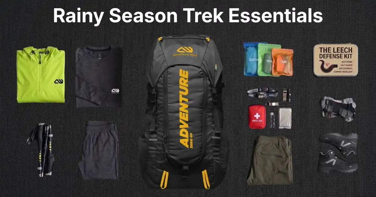 Rainy season trek essentials flat-lay: backpack, rain jacket, trekking shoes and monsoon trekking gear