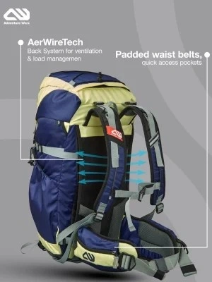 Trekking backpack with labelled padded waist belt and shoulder straps