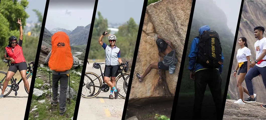 Collage of adventure sports moments across India, including climbing, cycling and kayaking