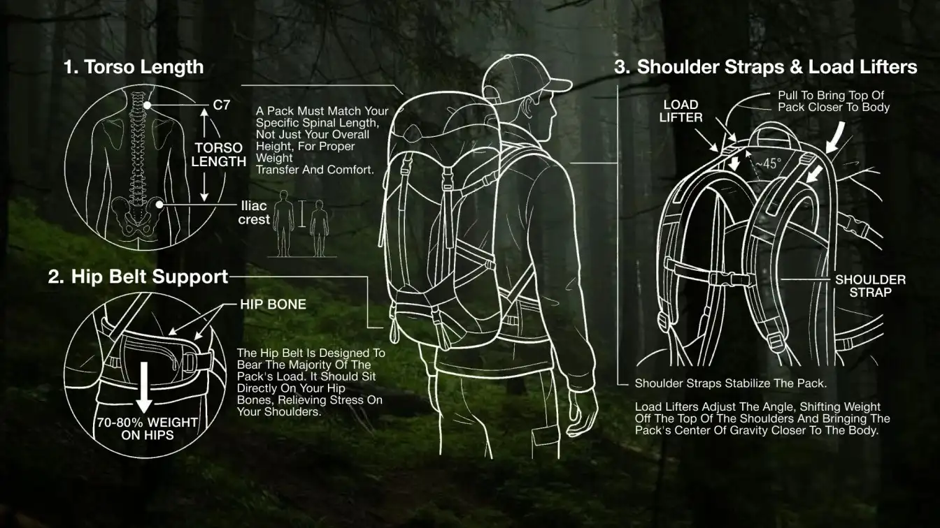 Labelled diagram of torso length, hip belt support and shoulder straps on a rucksack