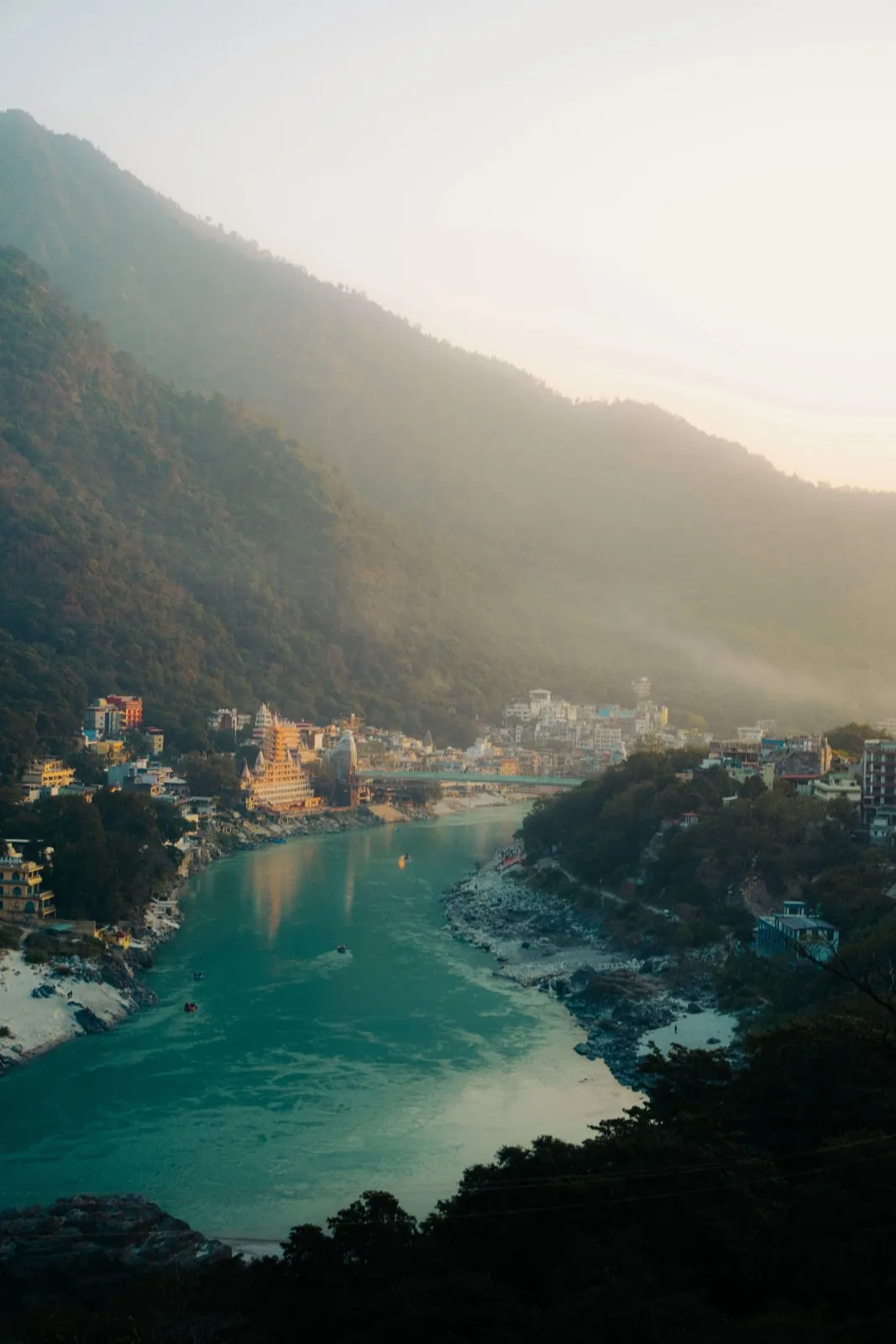 Aerial view of Rishikesh along the Ganges River