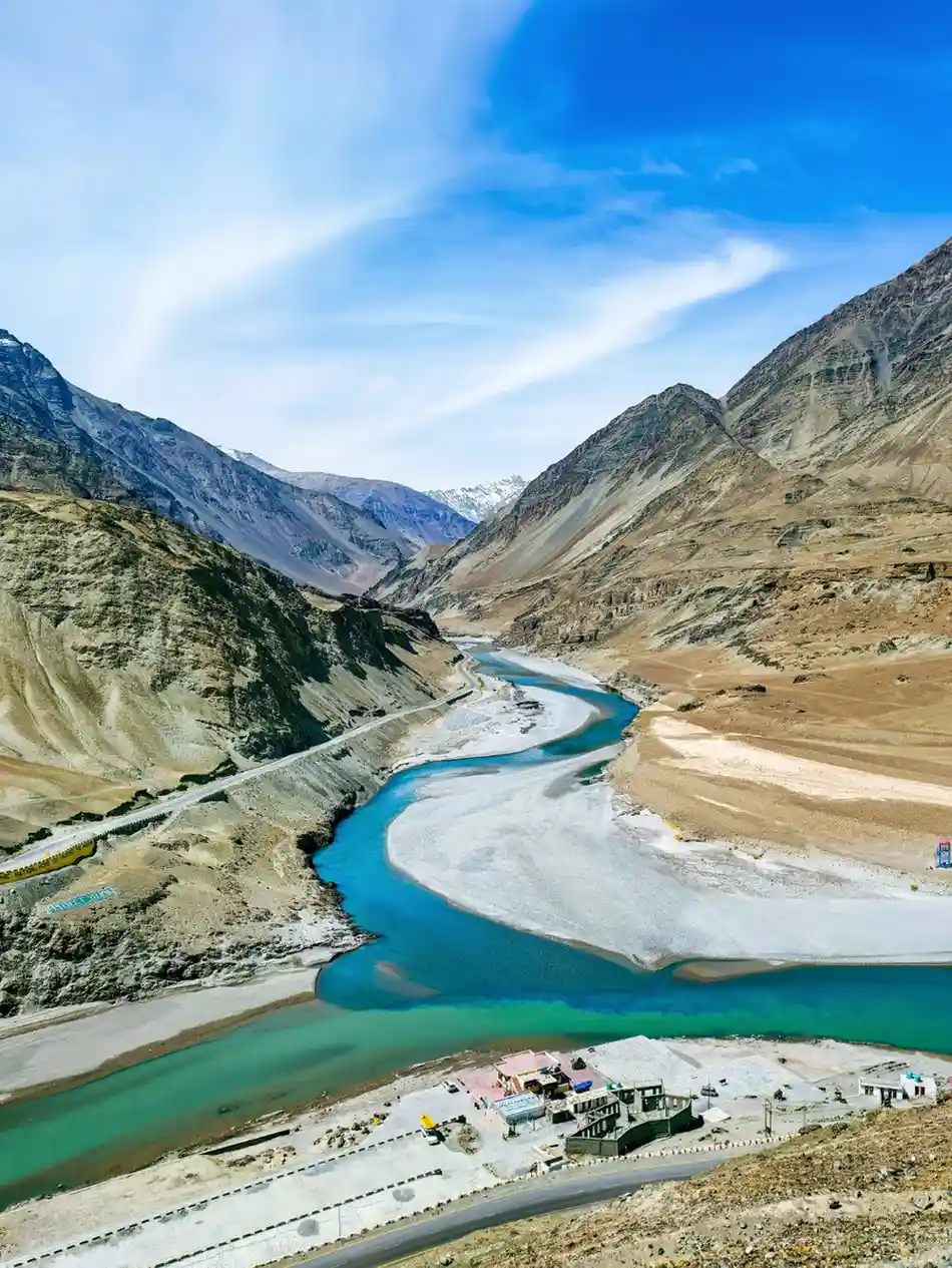 Glacier and river winding through Zanskar Valley, Ladakh